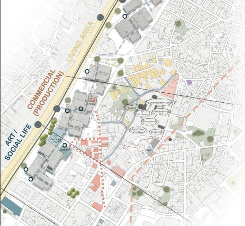 Urban planning map of a neighbourhood showing living, commercial and social zones connected by walking routes